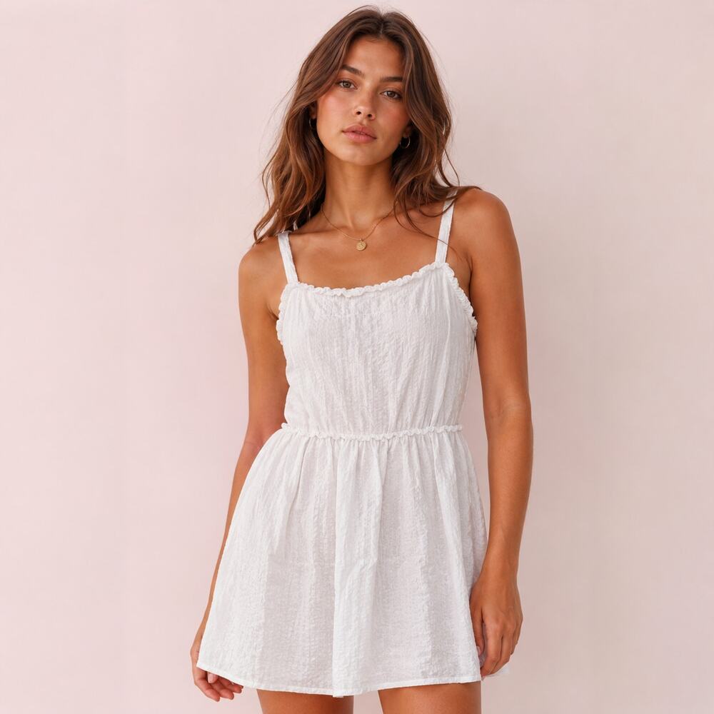 Loft Outlet Cotton Mini Dress Women 6 White Ruffle Boho Chic Textured Minimalist
